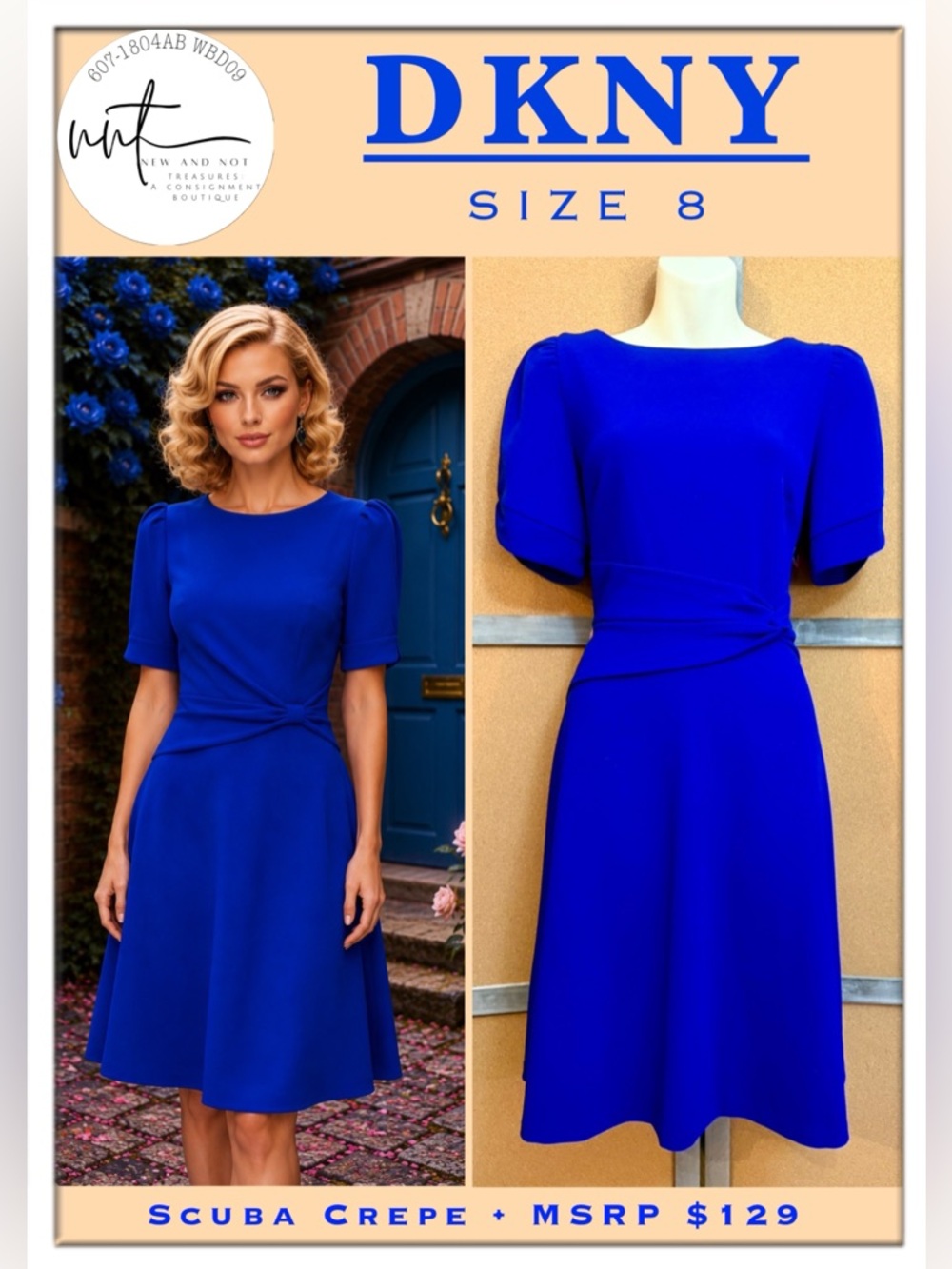 DKNY Scuba Crepe Knot Waist A-Line Dress Royal Blue Size 8 Career EUC MSRP $129